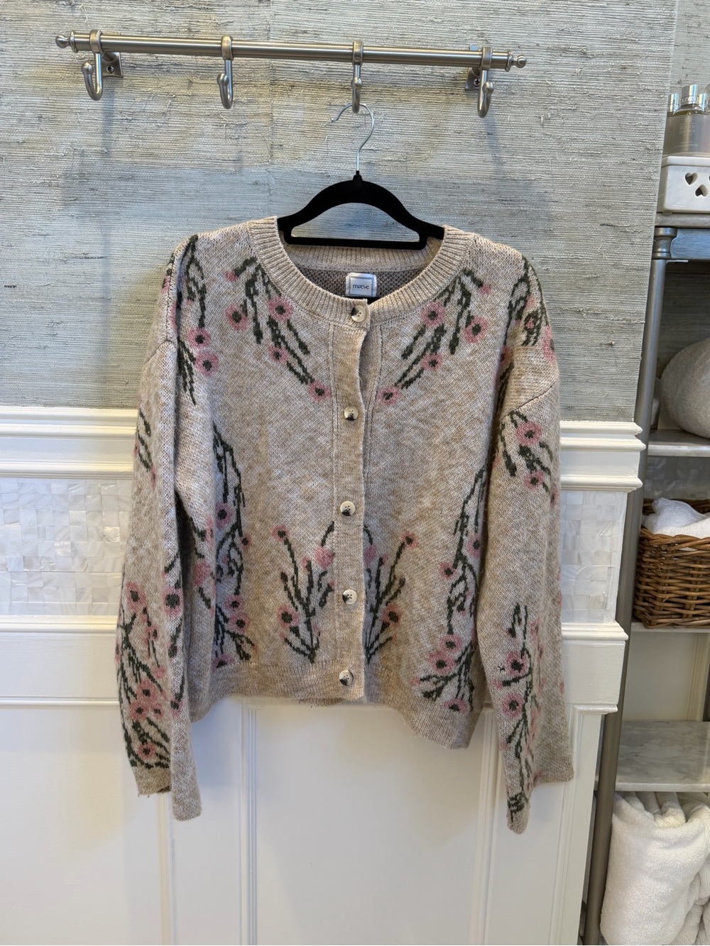Small Anthropologie Maeve Beige pink Floral Button-Up Cardigan sweater FLAW